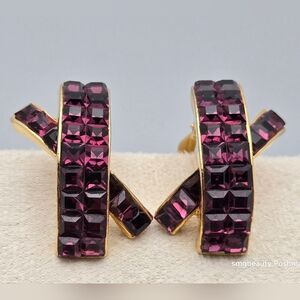 Amethyst Purple Crystals Gold-Tone X Clip-On Earrings Vintage Style